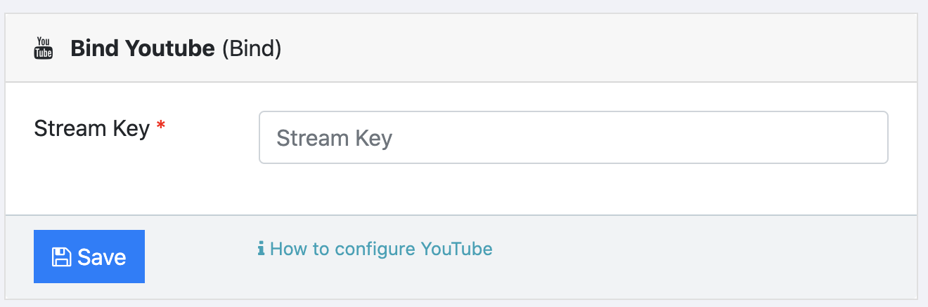 Image showing the form to add the YouTube's streaming key to your Live4.tv event