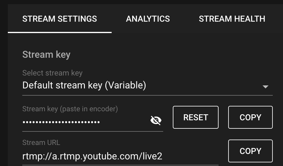 Image showing the stream key on YouTube Studio